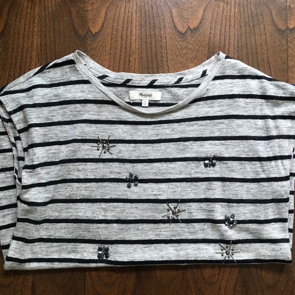Small Linen Madewell Embellished Gray Stripe Top